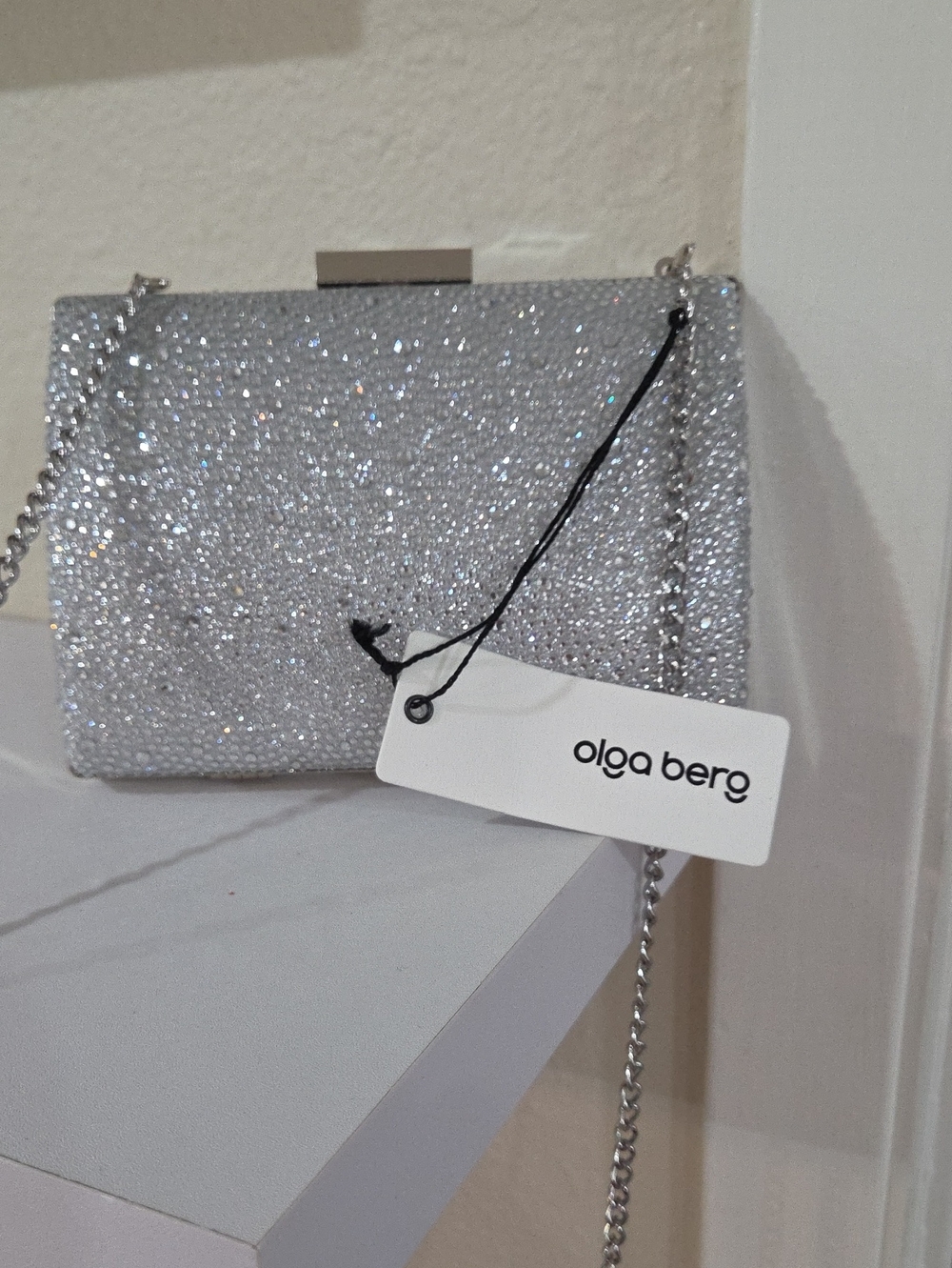 Olga Berg Silver Crystal Evening Clutch with Chain